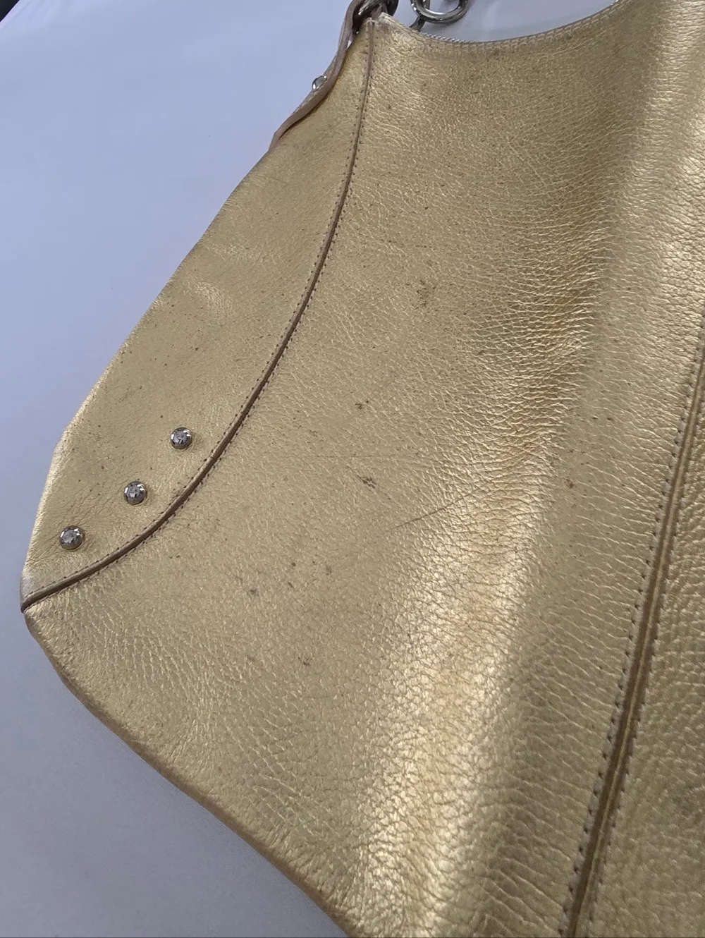 FURLA Italian Hobo Bag Gold Metallic Leather Studded, Large Shoulder Purse